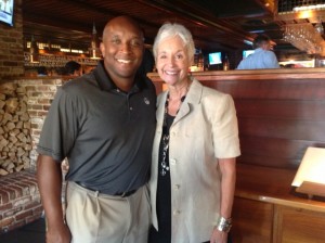 Omar Bell, Associate DD of GW, talking over lunch with Bonnie about 2 projects. He's seeking alumni talent for "Entrepreneurship" and "Women in Leadership." 